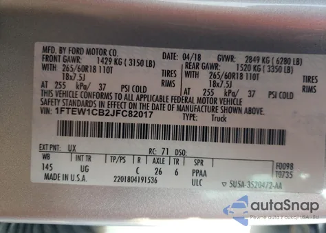 2018 Ford F150 Supercrew из США, поврежденный, VIN 1FTEW1CB2JFC82017